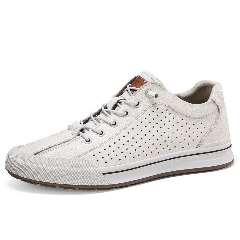 Men's white and black matte leather casual shoes with flat heel and round toe, shown in various colour and lining options.