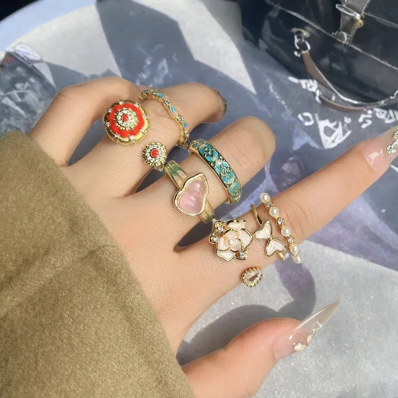 Vintage copper gourd ring with adjustable opening, flower and bow design, zircon inlay
