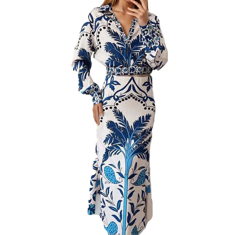 Women's early spring casual fashion set with flower print design showing long sleeve top and matching long skirt