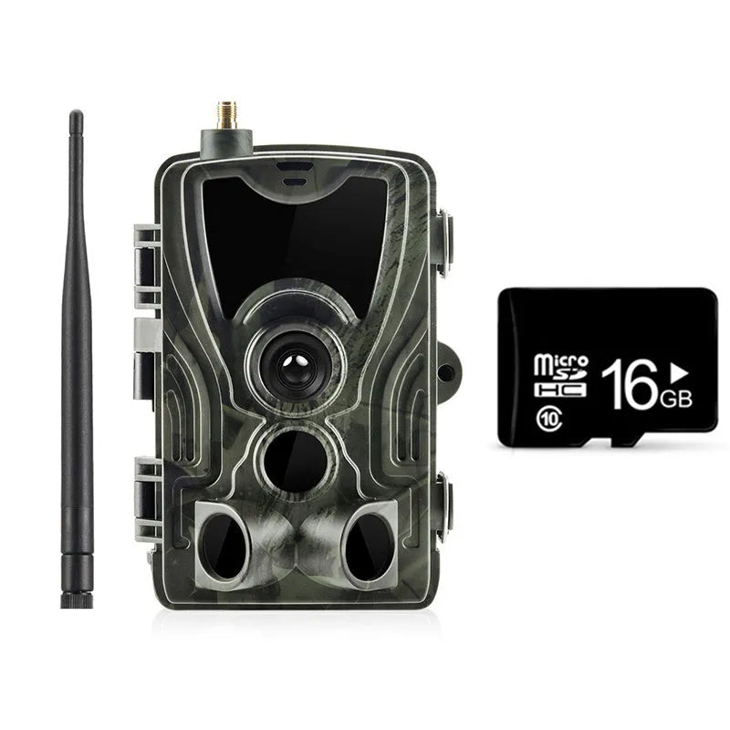 Outdoor waterproof surveillance camera with camouflage finish and wide-angle lens.