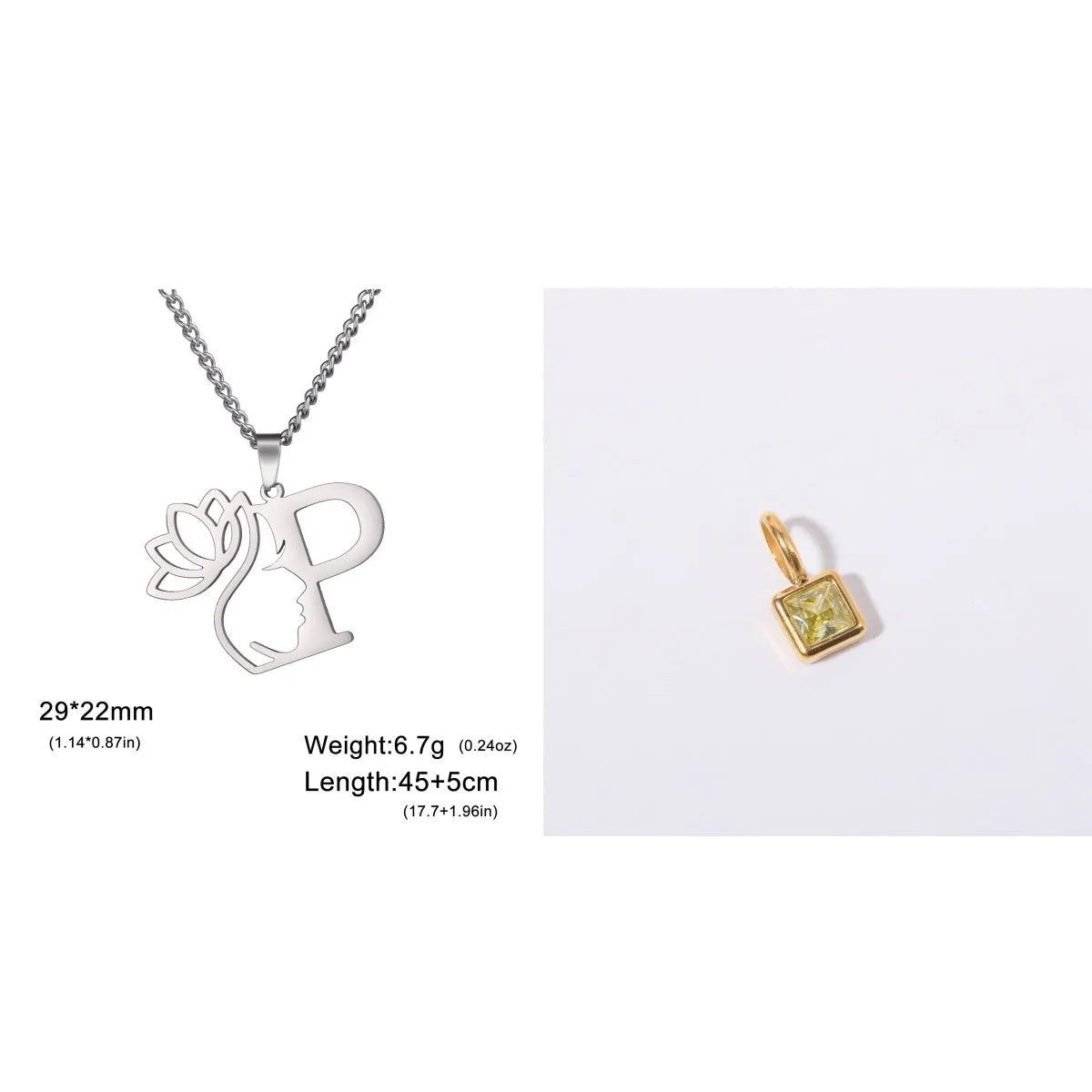 Stainless steel necklace with cross chain and a single letter pendant in gold or silver finish.