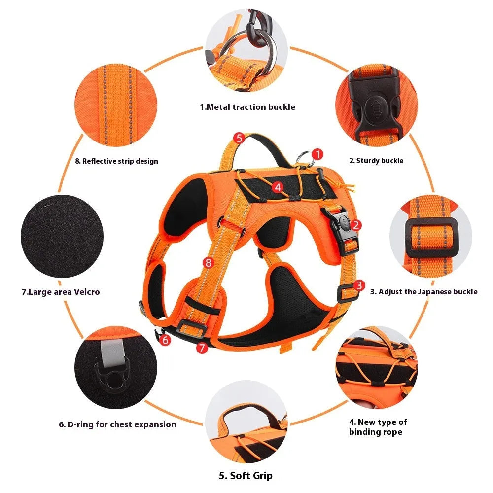Reflective dog harness and hand-holding lead set in orange and black, showing the chest strap and full-handle grip.
