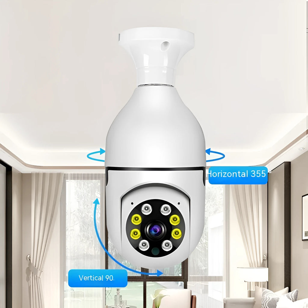 Wireless bulb security camera with 5cm diameter lamp head showing e27 fitting for standard light sockets