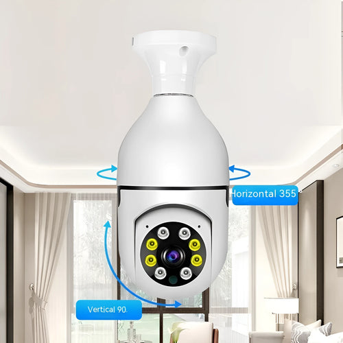 Wireless bulb security camera with 5cm diameter lamp head showing e27 fitting for standard light sockets