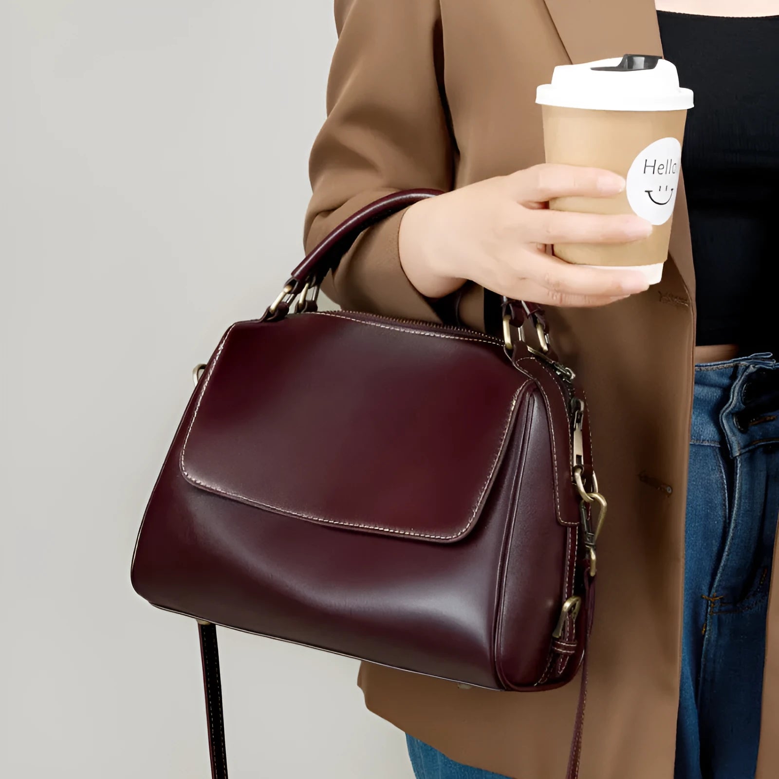 Women's genuine leather crossbody tote bag in cross square design with multiple compartments