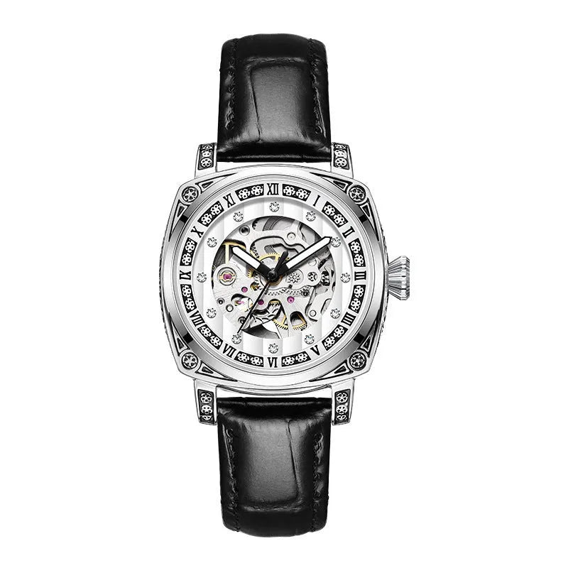 Mechanical watch with luminous hands on a leather strap, stainless steel case, shown in black colour.