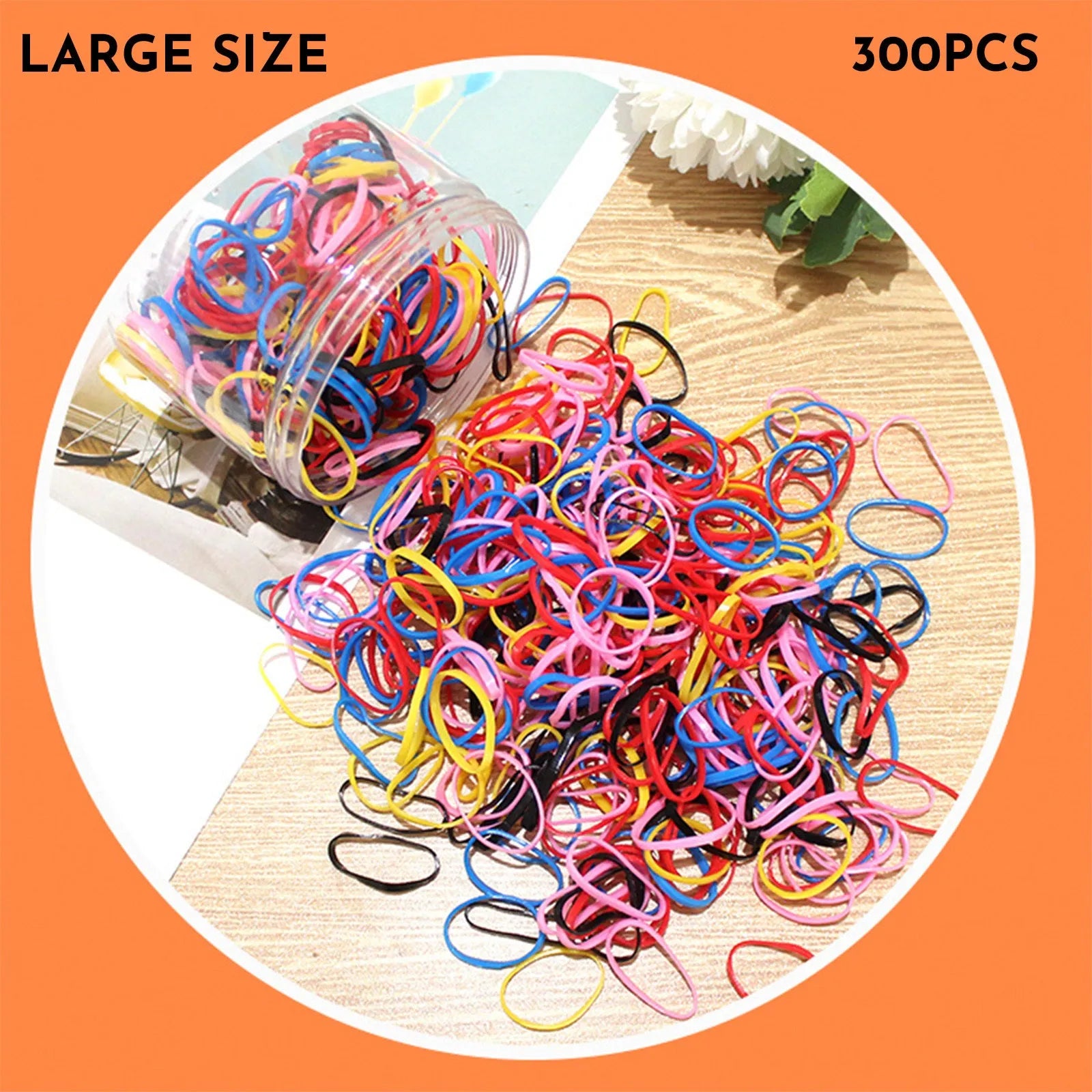 Pack of multicoloured thin TPU baby hair ties stored in a clear reusable plastic container.