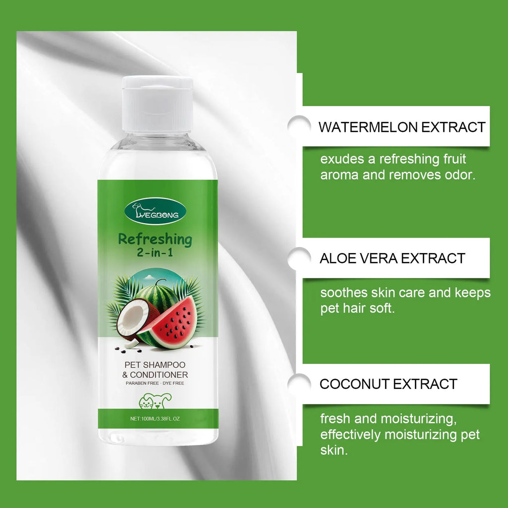 100ml bottle of pet 2-in-1 shampoo fragrance shower gel with watermelon and coconut extract.