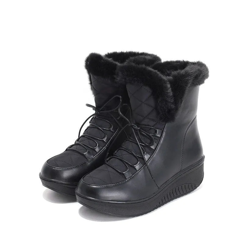 Women's black winter boots with lace-up front, platform heel and plush lining