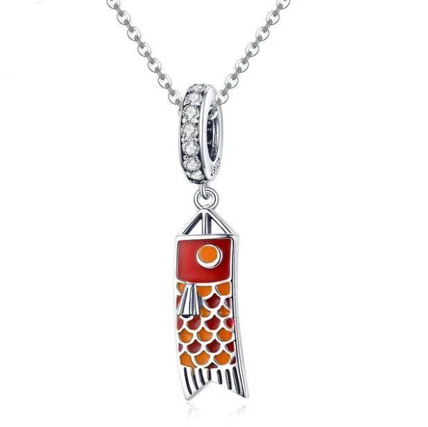 S925 sterling silver carp streamer pendant with zircon stone, 2.8cm tall