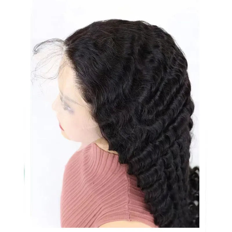 Human hair half lace wig in a solid colour shown at a medium length