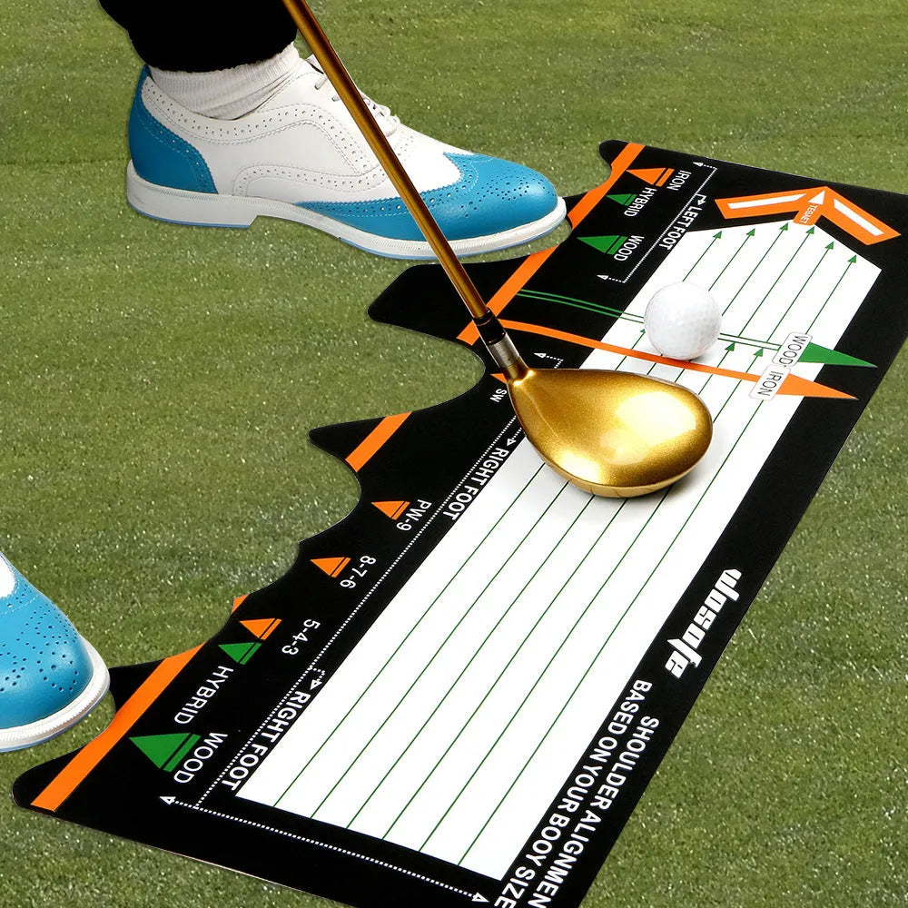 Black neoprene golf swing posture training pad for stance alignment practice.