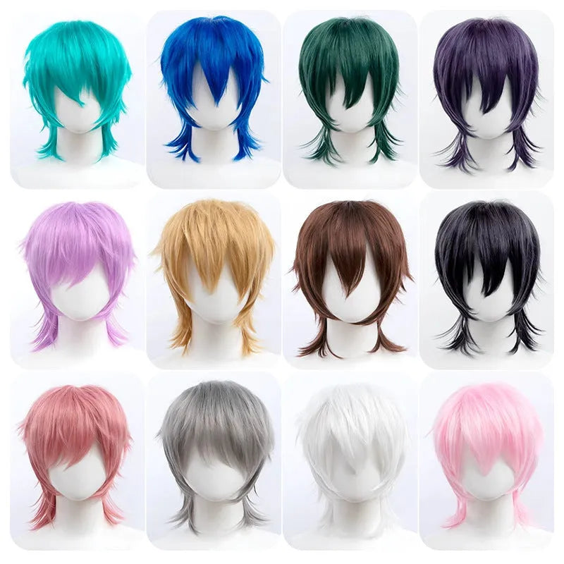 A short-style anime cosplay wig for men in a selected colour, showing its lengthened hair tail.