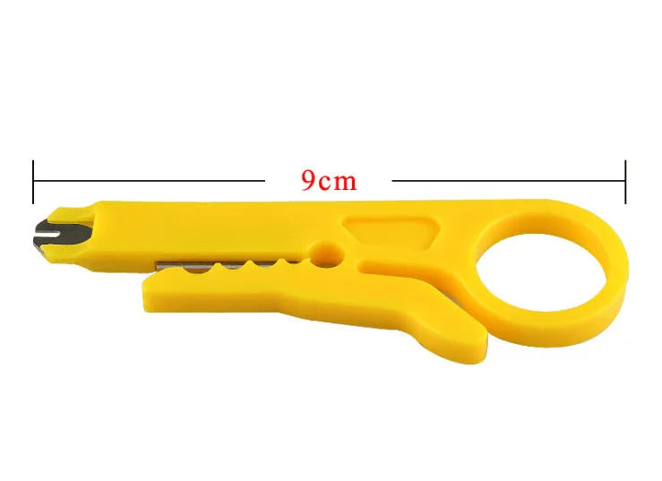 Yellow portable wire stripper tool with metal snap-in frame, showing 0.6 mm stripping diameter for network cables.