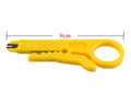 Yellow portable wire stripper tool with metal snap-in frame, showing 0.6 mm stripping diameter for network cables.