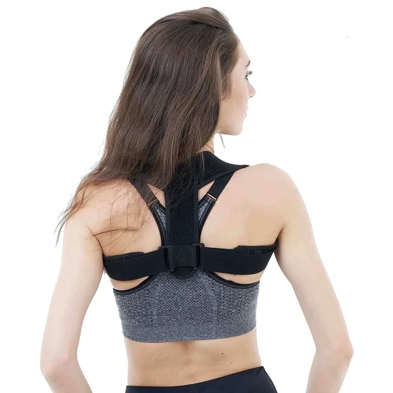 Black adjustable breathable posture correction strap laid flat.