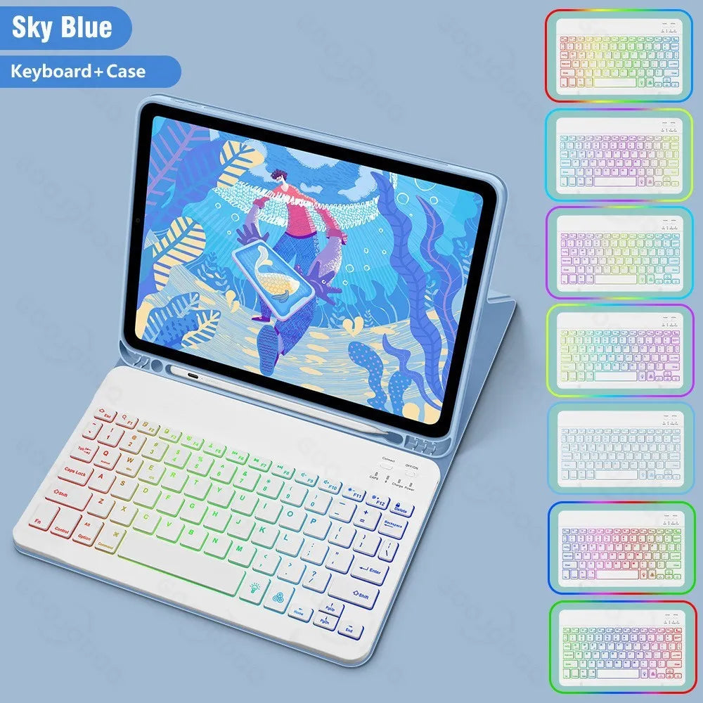 iPad protective case with luminous RGB Bluetooth keyboard and mouse in black leather sheath style