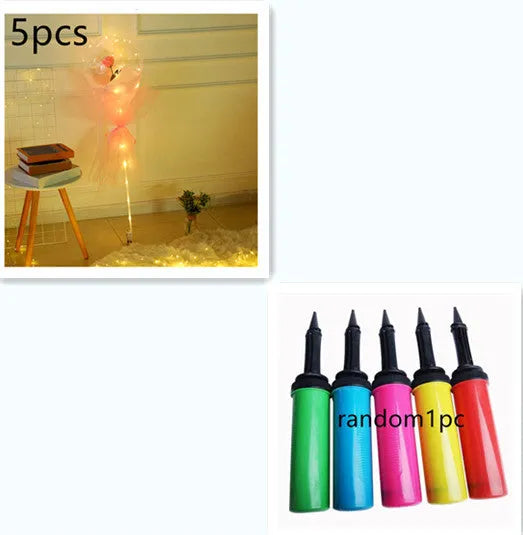 Transparent LED luminous balloon bouquet with artificial rose and glowing light inside, displayed as a DIY kit.