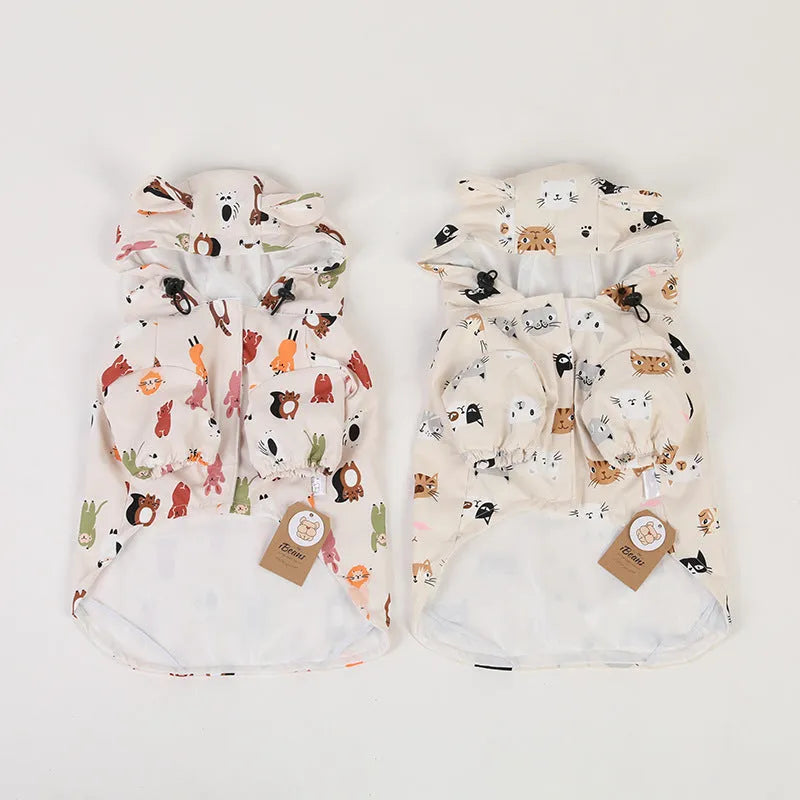 Beige cartoon dog raincoat with animal design and waterproof coating