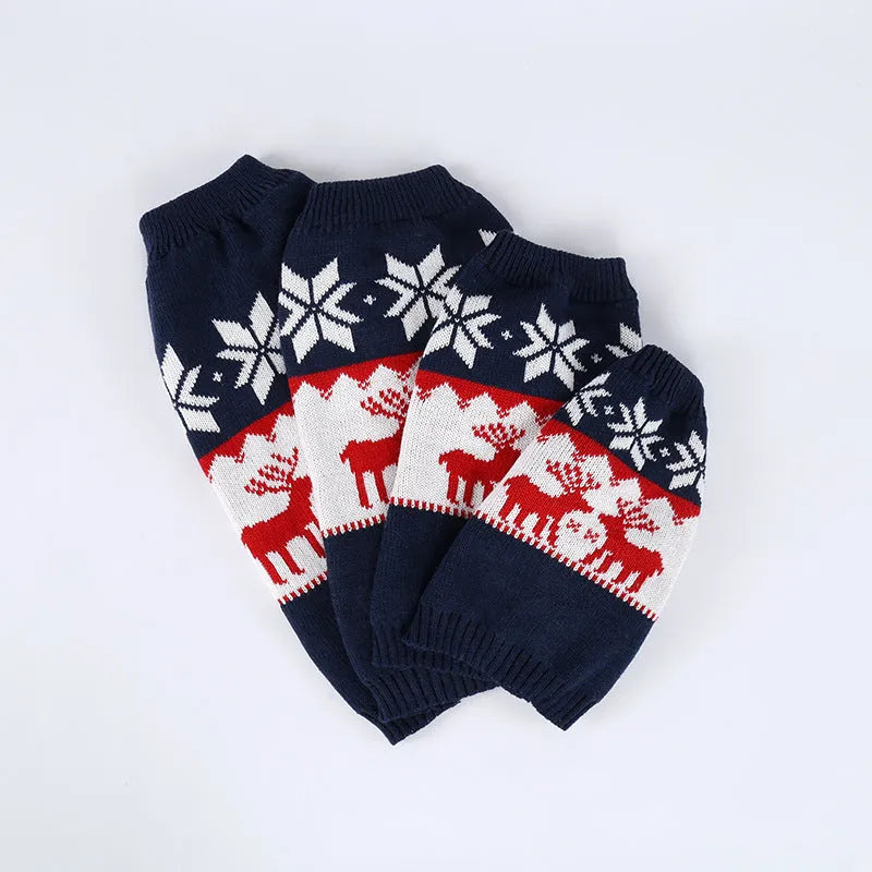 Navy blue knitted Christmas sweater for dogs on a small pet model