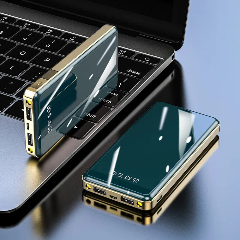 Mirror digital display power bank showing battery percentage, in choice of colours including black, blue, green, grey, and red.
