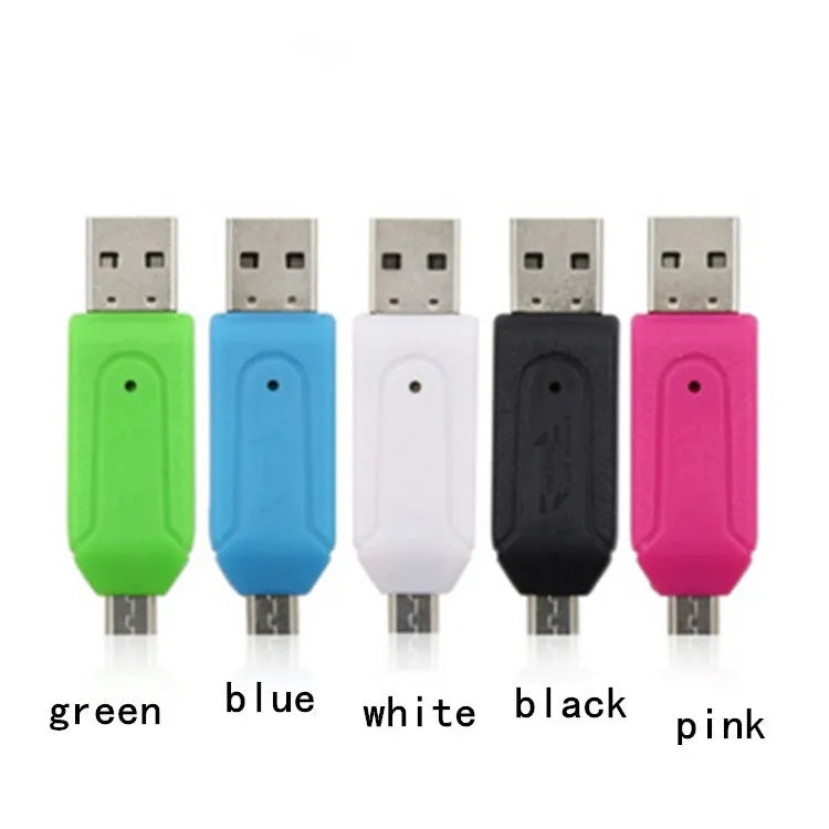 White OTG card reader with micro USB connector for SD and TF memory cards on Windows 7 and Android devices