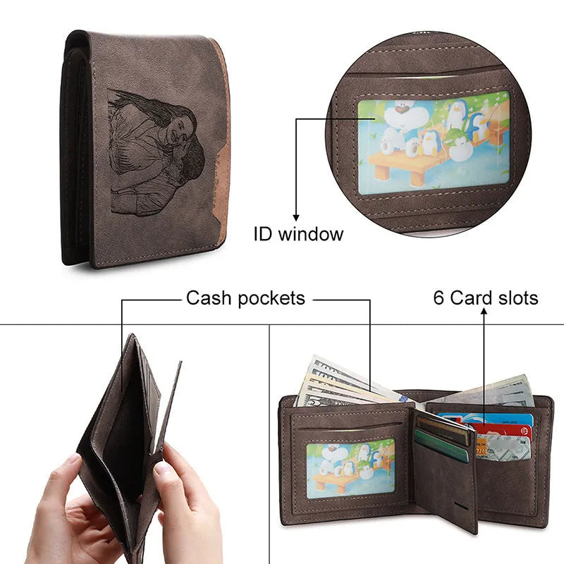 Coffee coloured engraved horizontal short wallet with photo personalisation
