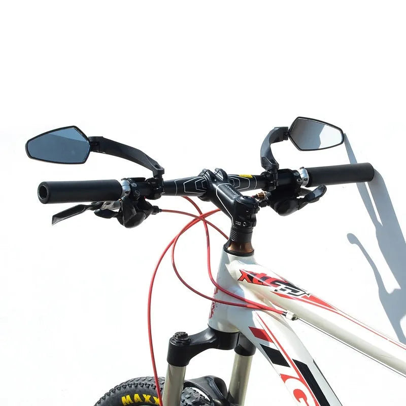 Black mountain bike rearview mirror with rotatable mount and acrylic reflective surface