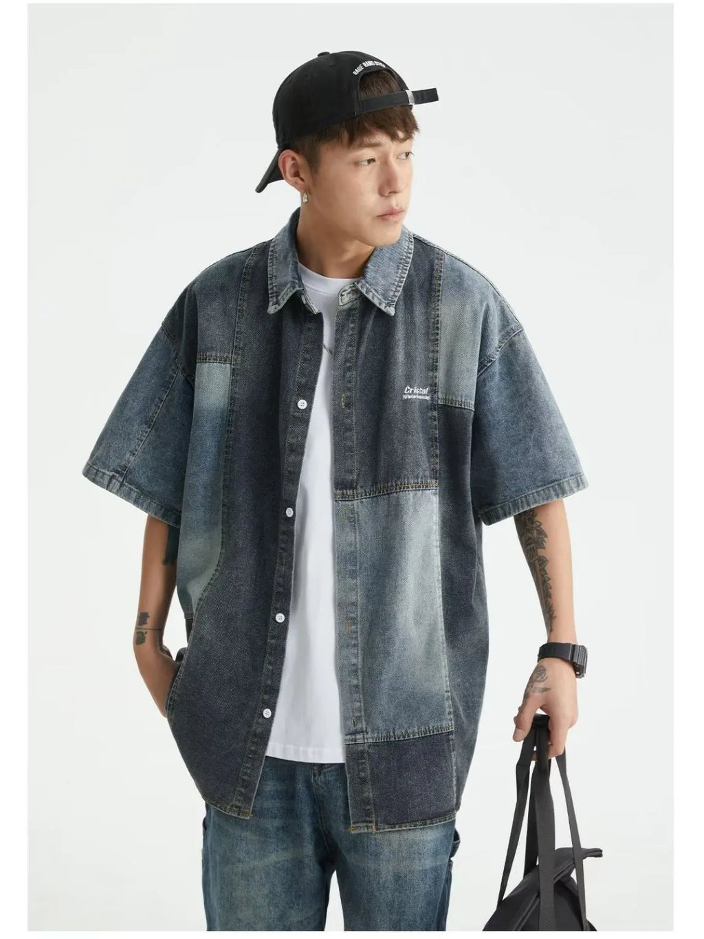 Blue Japanese-style retro denim shirt with washed stitching in loose cardigan cut for men