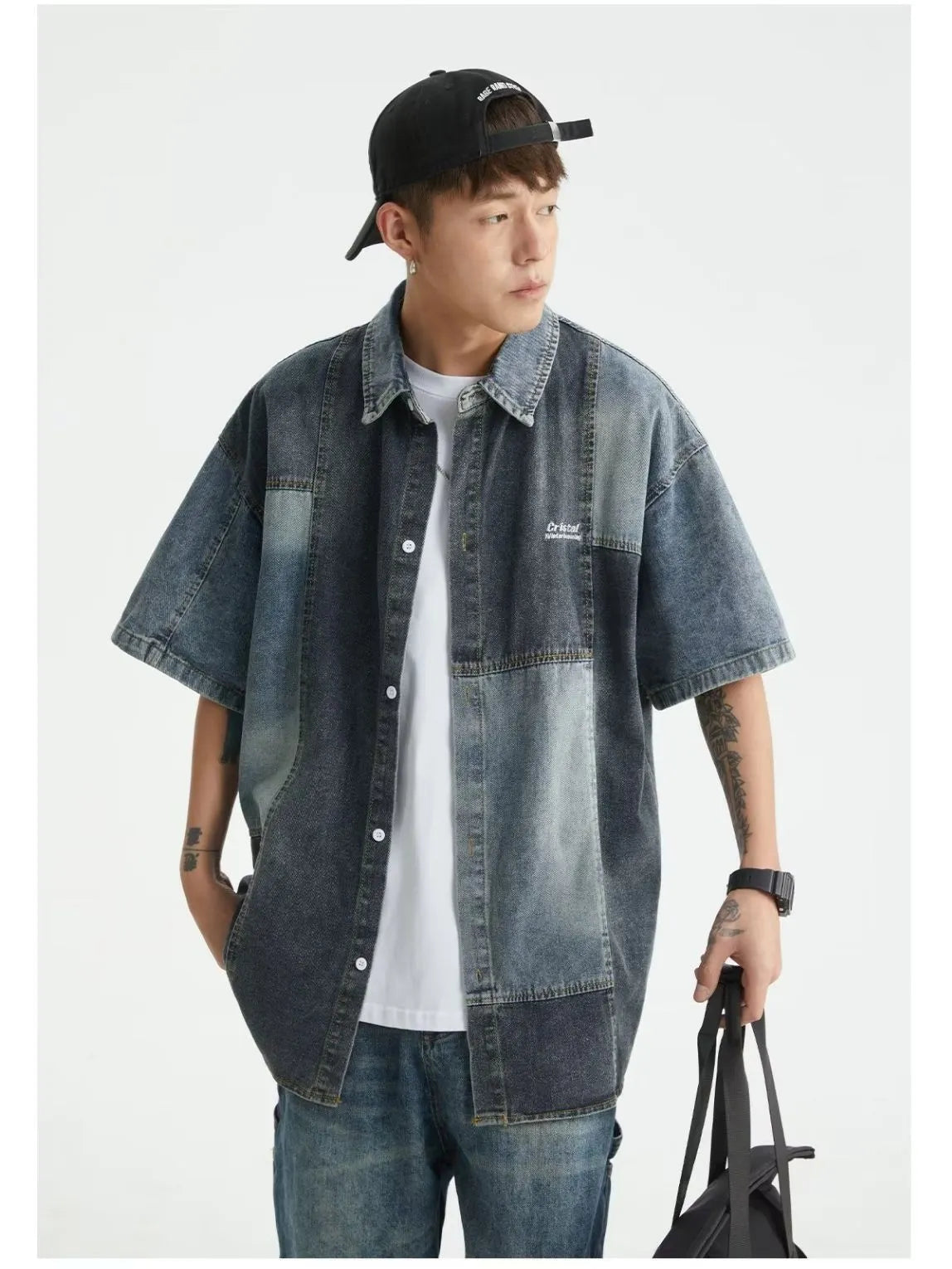 Blue Japanese-style retro denim shirt with washed stitching in loose cardigan cut for men