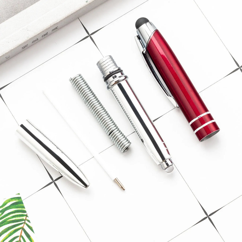 Red metal multifunctional pen with capacitive stylus tip, ballpoint, and LED light
