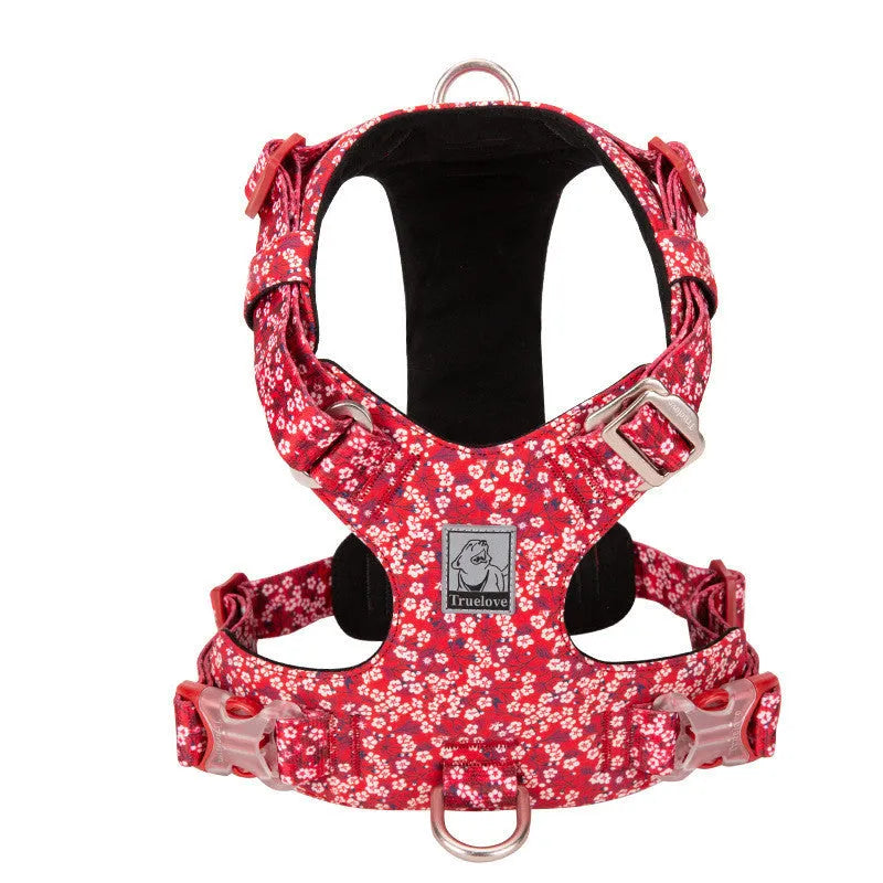 Floral pattern cotton dog harness with chest pull-resistant strap in blue, green, or red colour options