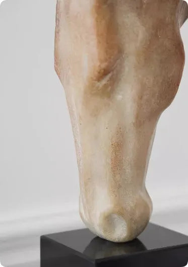 French retro style abstract horse head desktop sculpture with carved finish, 50cm tall.