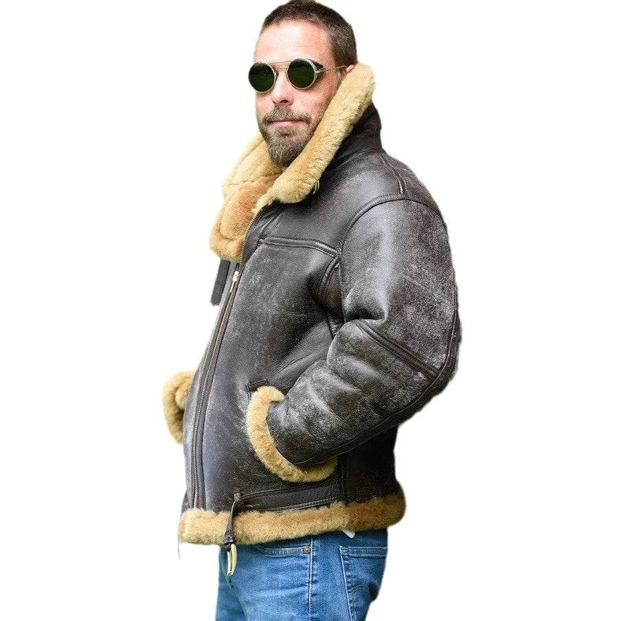 Brown synthetic leather retro fur coat for men with 65cm length and side pockets