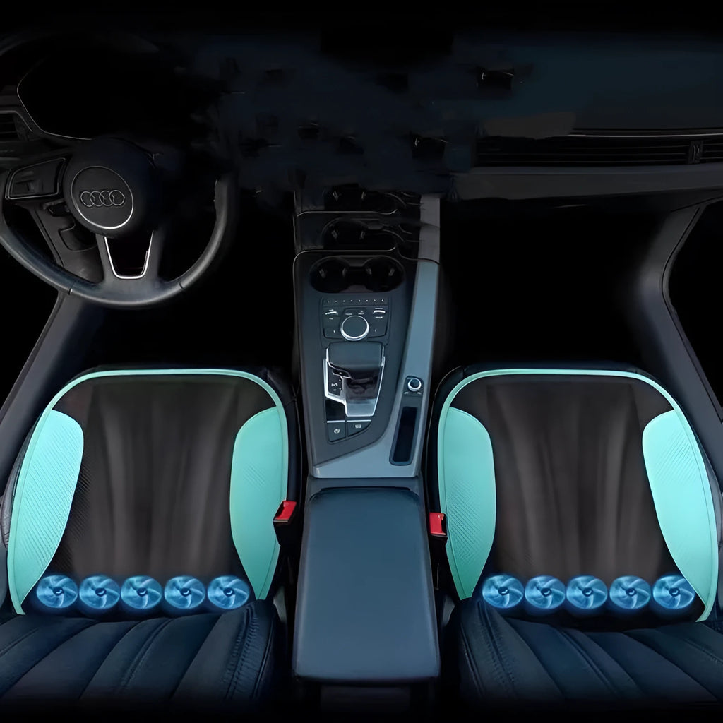 Ventilated car seat cushion with USB connection showing fan vents and suede material in black colour