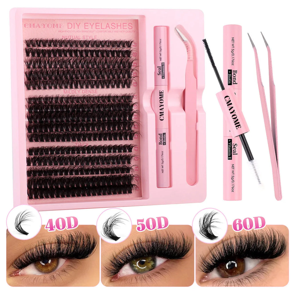 DIY false eyelash extension kit with cluster lashes and professional tweezers