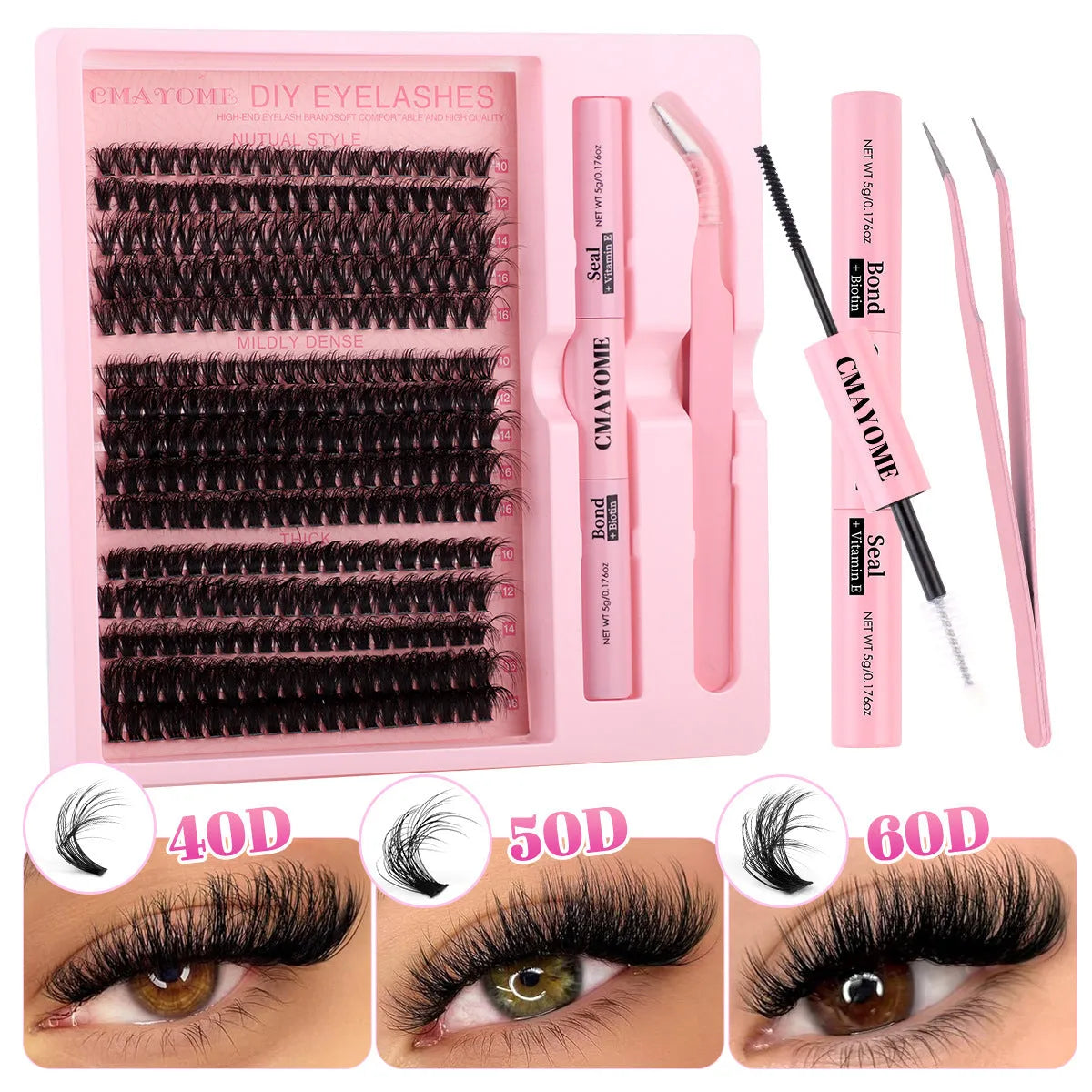DIY false eyelash extension kit with cluster lashes and professional tweezers