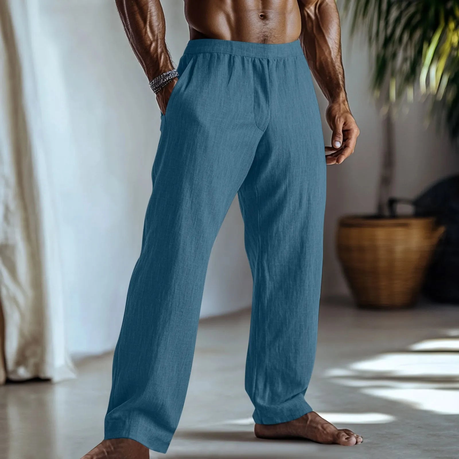 Cotton and linen straight leg casual trousers with side pockets in light green colour