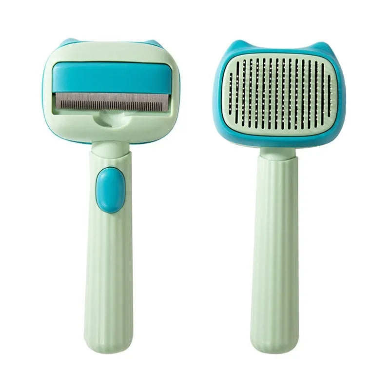 Blue and green double-sided pet grooming brush with deshedding rake and dematting comb for dogs and cats