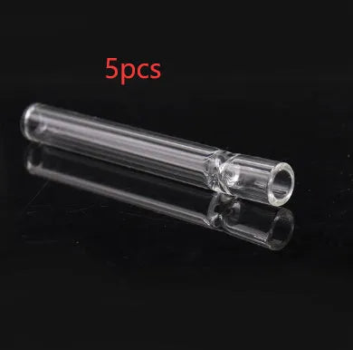 Straight transparent glass telescopic smoke pipe nozzle on a plain background.