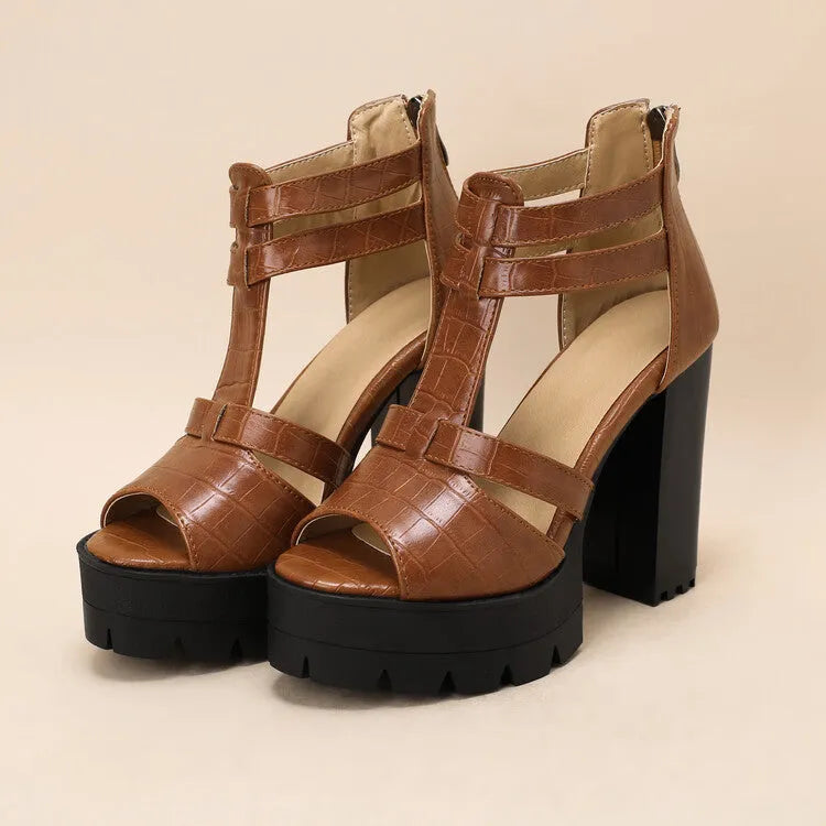 Round toe platform high heel sandals in black, wine red, and yellow with a back zipper.