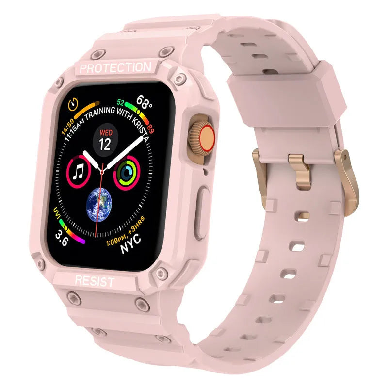 Apple Watch Series 8 compatible soft TPU sport strap in multiple colours showing 42mm and 38mm size options.