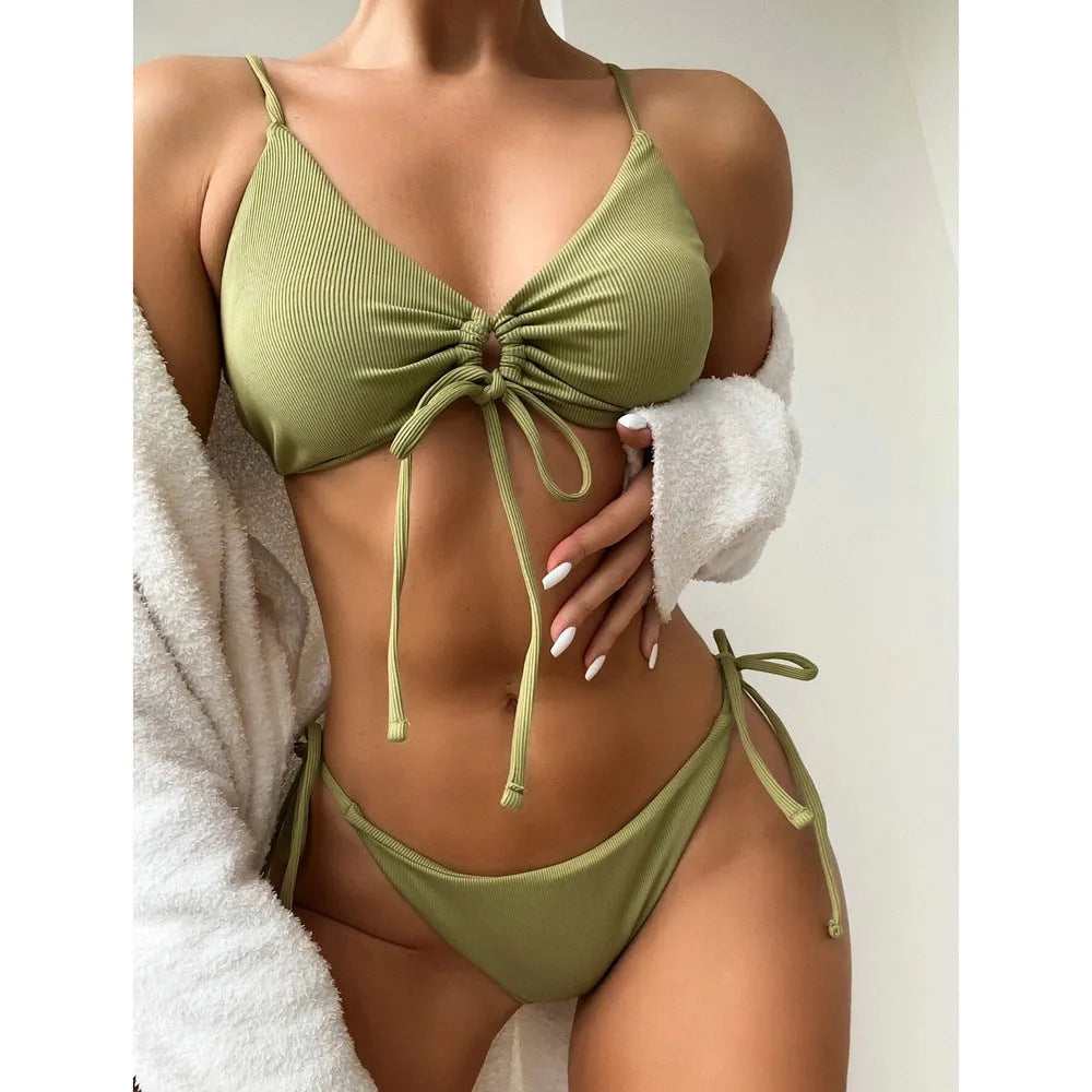 Women's solid colour drawstring bikini swimsuit in quick-drying nylon fabric