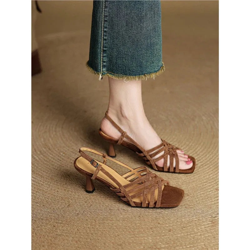 Retro artificial PU leather cross-strap high heel sandals with ankle buckle and square toe