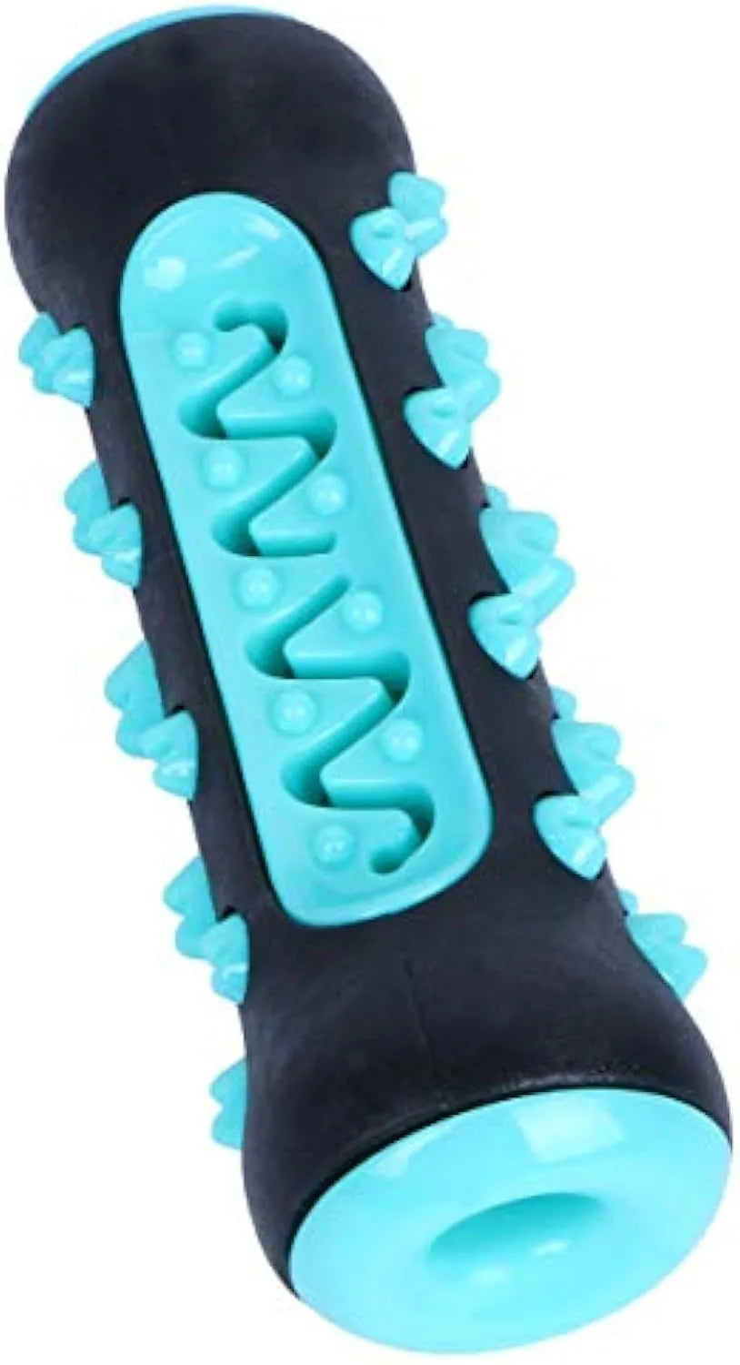 Natural rubber dog toothbrush chew toy in blue, shown next to a small dog for scale