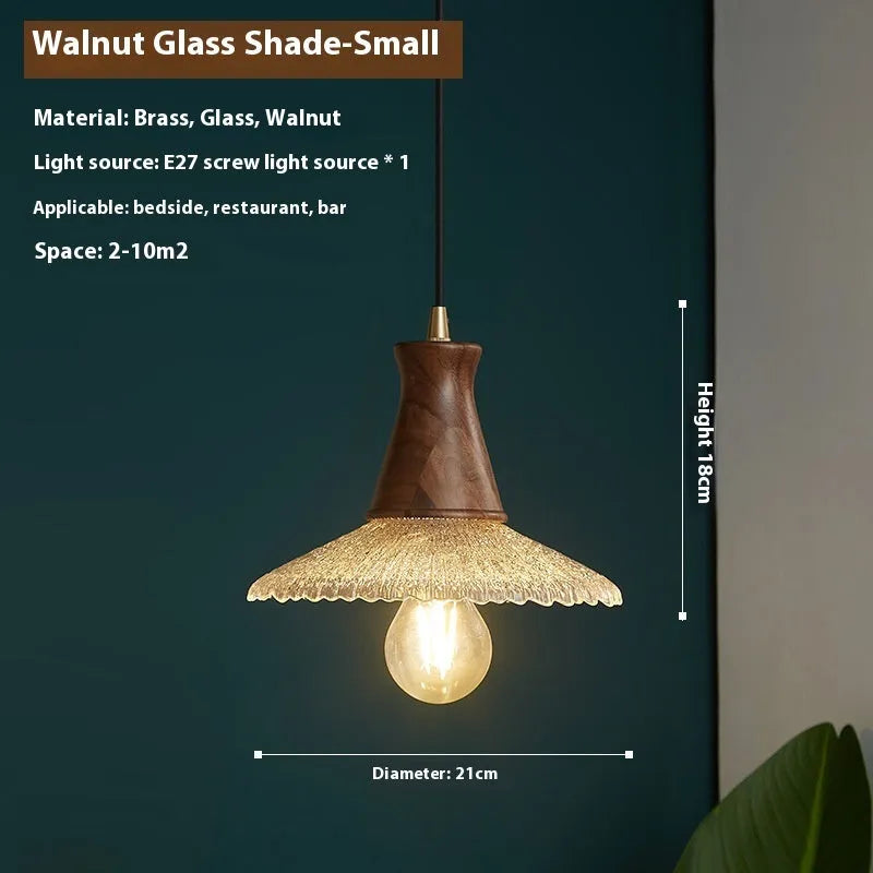 Retro wood and glass chandelier with brass finish in three size options