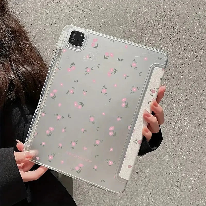 Transparent floral tri-fold tablet case with magnetic stand for iPad showing clear PC back and cartoon pattern