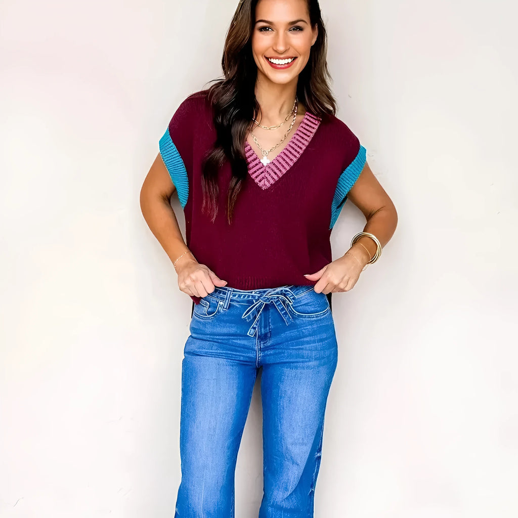 Burgundy women's loose sweater with contrast trim, V-neck and cuffed short sleeves