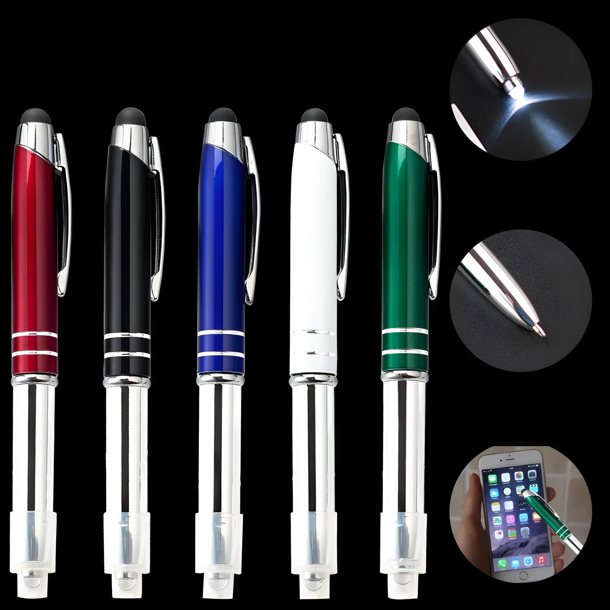 Red metal multifunctional pen with capacitive stylus tip, ballpoint, and LED light
