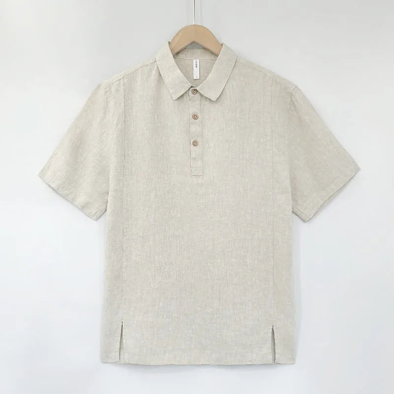 Men's loose-fit linen summer top with thin lapels and short sleeves in gray green colour